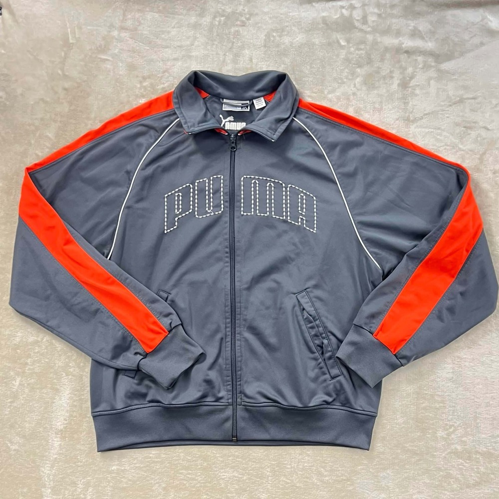 GUC Puma Mens Track Jacket XL Gray Orange Full Zip Logo T7 Style 800724